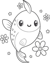 Cute kawaii fish coloring page for kids, black and white vector illustration of smiling fish, cartoon-style sea animal line art, fun printable worksheet for children&rsquo;s creative coloring activities