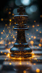 Lit chess king piece. A chess king piece stands prominently, surrounded by glowing particles and a blurred chessboard background.
