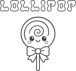 Cute kawaii lollipop coloring page for kids, black and white vector illustration of smiling candy, cartoon-style sweet treat line art, fun printable worksheet for children&rsquo;s creative coloring activiti