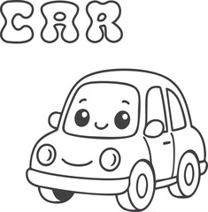 Cute kawaii car coloring page for kids, black and white vector illustration of smiling vehicle, cartoon-style automobile line art, fun printable worksheet for children&rsquo;s creative coloring activities