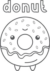 Kawaii cute donut coloring page for kids, black and white vector illustration of smiling dessert with frosting and sprinkles, cartoon-style line art, fun printable worksheet for children&rsquo;s coloring ac