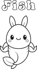 Cute kawaii fish coloring page for kids, black and white vector illustration of smiling fish, cartoon-style sea animal line art, fun printable worksheet for children&rsquo;s creative coloring activities