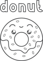 Kawaii cute donut coloring page for kids, black and white vector illustration of smiling dessert with frosting and sprinkles, cartoon-style line art, fun printable worksheet for children&rsquo;s coloring ac