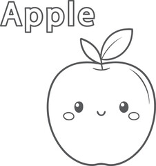 Kawaii cute apple coloring page for kids, black and white vector illustration of smiling fruit, cartoon-style line art, fun printable worksheet for children&rsquo;s creative coloring activities