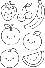 Kawaii cute fruits coloring page for kids, black and white vector illustration of smiling tropical and garden fruits, cartoon-style line art, fun printable worksheet for children&rsquo;s creative co