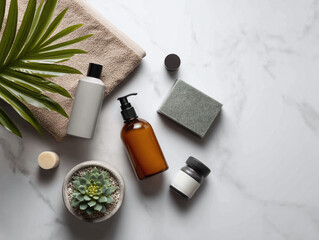 Elegant spa still life on marble. Natural skincare products, towel, and succulent create a calming, minimalist vibe. Perfect for wellness, beauty, or selfcare content.