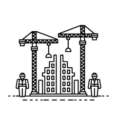 Construction Progress: A detailed line drawing showcases a vibrant construction site with two towering cranes, rising above the emerging silhouettes of modern buildings.