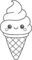 Cute kawaii ice cream coloring page for kids, black and white vector illustration of smiling ice cream cone, cartoon-style dessert line art, fun printable worksheet for children&rsquo;s coloring activities