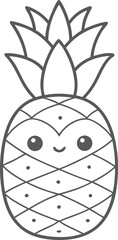 Kawaii cute pineapple coloring page for kids, black and white vector illustration of smiling tropical fruit, cartoon-style line art, fun printable worksheet for children&rsquo;s creative coloring activities