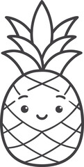 Kawaii cute pineapple coloring page for kids, black and white vector illustration of smiling tropical fruit, cartoon-style line art, fun printable worksheet for children&rsquo;s creative coloring activities