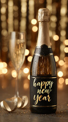 A luxurious New Year's visual. A matte black background with vertical gold curtain bokeh lights, a golden champagne bottle with a satin ribbon, and elegant handwritten "Happy New Year" gold text.