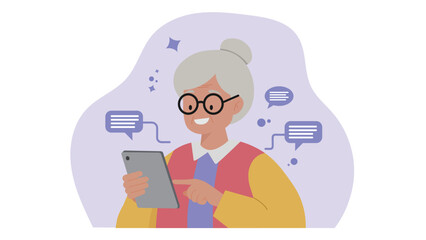 Elderly woman using a tablet for online communication and chatting, flat vector illustration of a smiling senior character interacting with technology