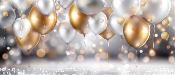 gold and white balloons wallpaper celebration confetti ribbon glitter festival bokeh decoration wallpaper.