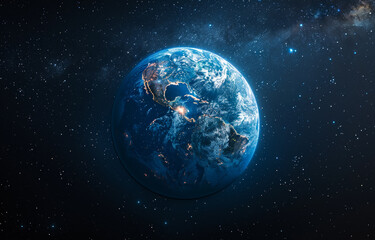 Earth viewed from space at night. Brightly lit cities and landscapes illuminate the night side of Earth, showcasing the beauty of global civilization.