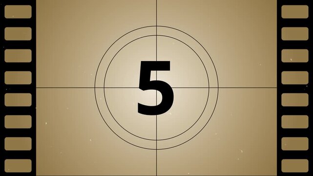 Classic film reel countdown animation from 10 to 0. Vintage movie timer background suitable for intros, trailers, or retro video effects.