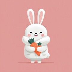 Fototapeta premium Cute cartoon rabbit holding a carrot in a simple flat vector style with pink and light purple background, kawaii design with bold shapes,white border, and vibrant playful character illustration