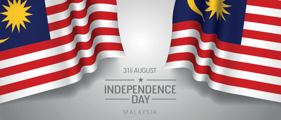 Malaysia happy independence day greeting card, banner with template text vector illustration. Malaysian memorial holiday 31st of August design element with 3D flag with stripes and crescent