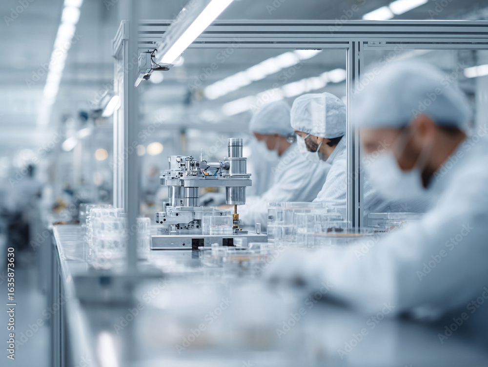 Poster precision manufacturing. cleanroom environment. scientists working with automated machinery on resea