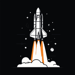 Obraz premium Space shuttle launch in a line art style. Rocketship taking off into a starry night sky. Vector illustration for science and exploration themes. 