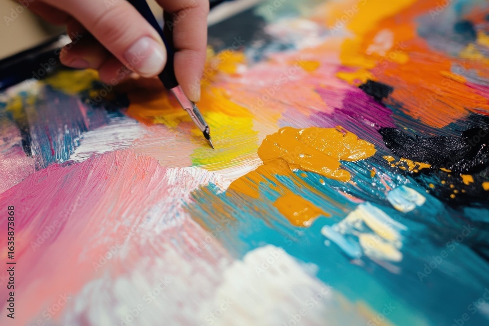 Poster designer marks selected color on vibrant artwork during creative process, close up designer marks th