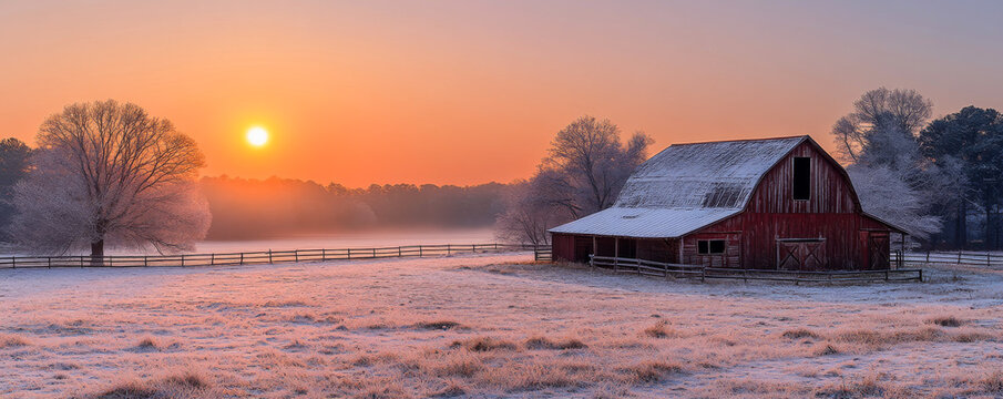Winter sunrise over a charming barn. A beautiful winter morning with sun rising over a frosty barn.