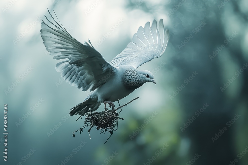 Poster dove carries twig for nest building while soaring through a misty forest, dove flies with a branch f