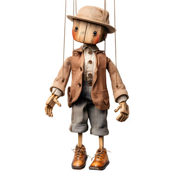 Vintage wooden marionette puppet dressed in a hat and jacket isolated on transparent background