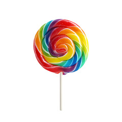 Vibrant rainbow swirl lollipop candy on a white stick isolated on transparent background