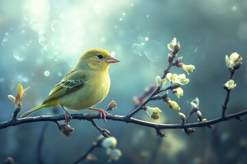 Fototapeta premium Greenfinch perched on a delicate branch adorned with budding flowers in early spring, bird, greenfinch sitting on a branch with the first sprouts of leaves