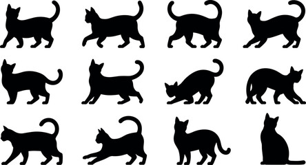 Collection of silhouetted feline figures showcasing diverse poses and movements against a white background