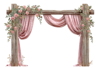 Rustic archway draped in pale pink fabric, adorned with roses and greenery