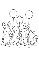 Obraz premium Animal balloon parade with cute forest friends, fun kids coloring page