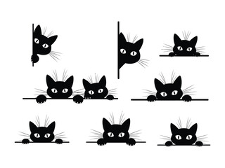 Peek-a-Boo Cats: Playful silhouettes of adorable black cats peek out from behind edges, showcasing their curious eyes and whiskers in this delightful illustration.