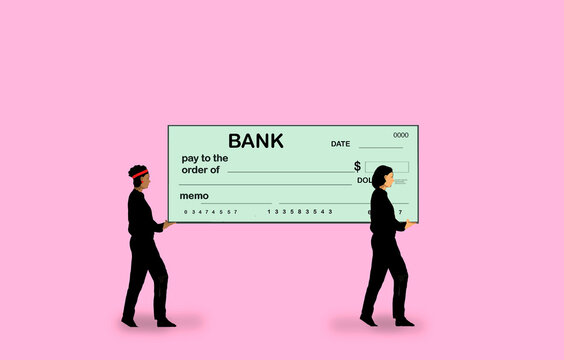 Two people carrying oversized bank cheque on pink background
