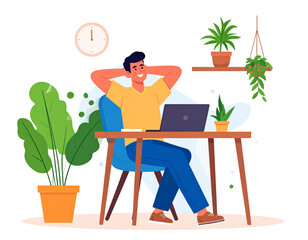 Relaxed man in a yellow shirt taking a break at his desk in a cozy plantfilled workspace.