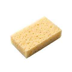 A close up of a rectangular yellow sponge with many small holes on a black background in studio light