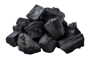 Dark charcoal blocks piled high