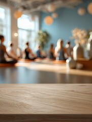 empty wooden table top with blurred restaurant cafe interior background bokeh lights