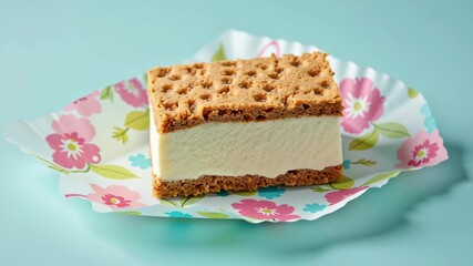 Dairy packaging concept ,Delicious creamy ice cream sandwich with crunchy wafer cookies, sweet treat evoking nostalgia warm days