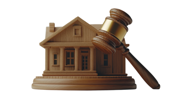 Justice concept with gavel, law books, and a house on a white background, symbolizing legal judgment for real estate or home-related matters.