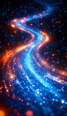Bright cosmic river flows through space. A vibrant cosmic river of blue and orange lights winds through a dark expanse, resembling a celestial path of stars.