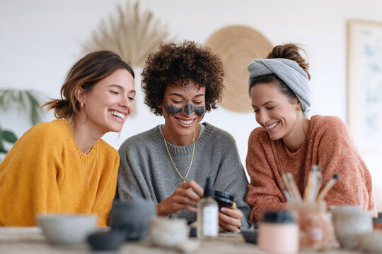 Three joyful women enjoy a spa day. One applies a facial mask, surrounded by friends. Beauty, wellness, friendship, and selfcare concept.