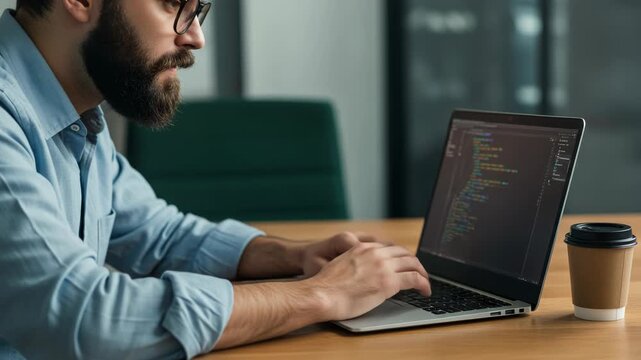 Bearded man with glasses focused on coding on his laptop at a desk with a coffee cup nearby, working on a project in an office setting