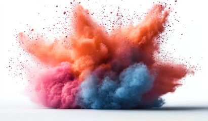Vibrant powder explosion art. Bright colored powders burst into the air, creating an artistic cloud at a creative event or festival celebration.