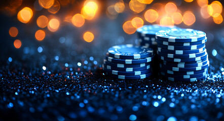 Casino chips are stacked on a table. Stacks of blue casino chips rest on a sparkling table under warm lights, creating an inviting atmosphere for gaming.