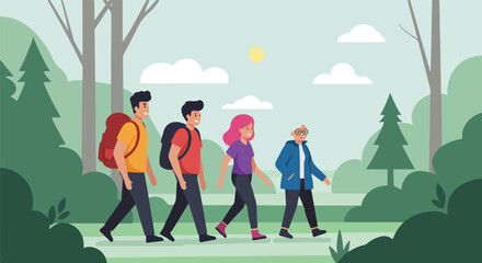 Hiking group walks through forest with sun and clouds in background, perfect for ads