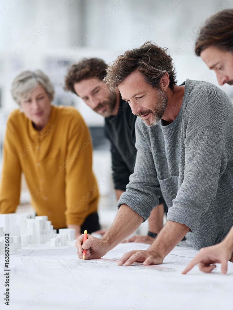 Poster teamwork in architecture. focused group of professionals collaborating on a design project with blue