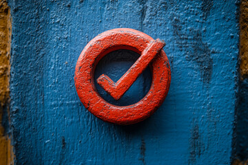 Blue wood with check mark. A red check mark is prominently displayed on a blue wooden surface, highlighting attention to detail and design.