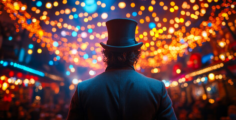 Man in top hat enjoys vibrant nightlife. A man in a top hat stands with his back to the camera, surrounded by colorful lights and lively decor.