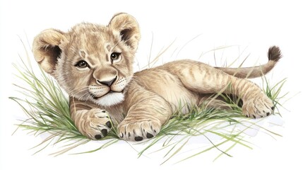 Obraz premium Cute lion cub resting in savanna grass. Perfect for children's books